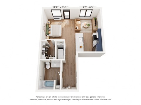 Floor plan for studio, 1 bath, 562 sqft